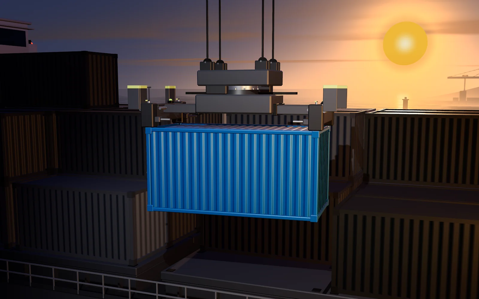 Concept artwork: At sunrise, a crane's spreader lifts one blue shipping container aboard a ship among stacked containers.