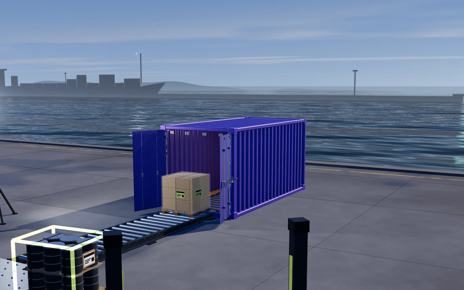 Concept artwork: On a quay in the morning, a labelled part load rolls into a shared violet container while another is measured beside the line.