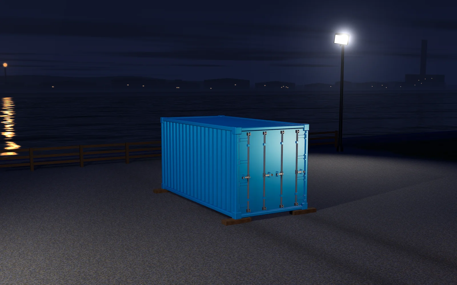 Concept artwork: At night, a cyan shipping container stands on a customer's site under a work lamp, with harbour lights across the water.