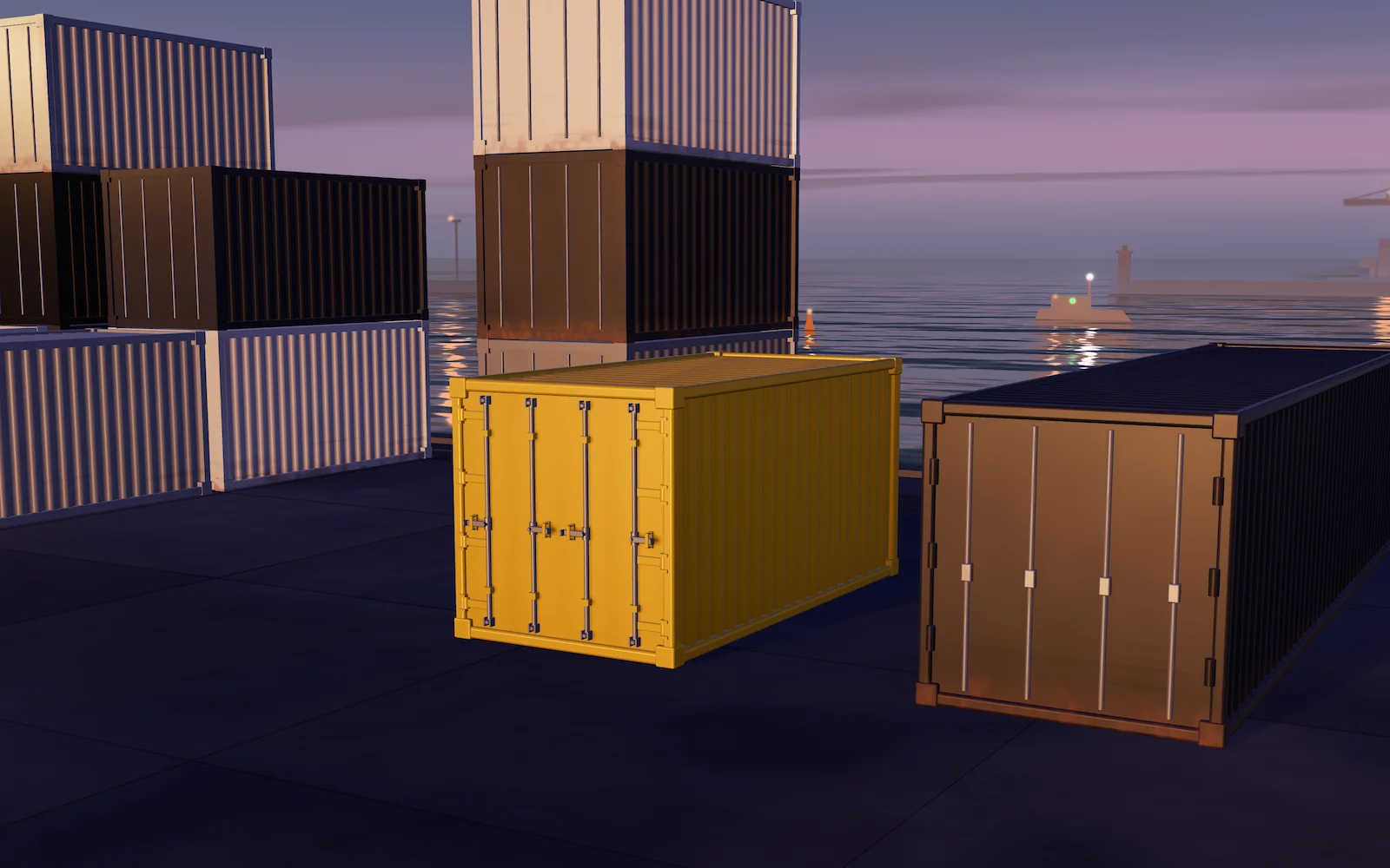 Concept artwork: At dusk, a yellow shipping container stands out in a depot of containers of different sizes and wear by the water.